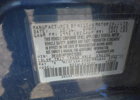 2017 Nissan Sentra S z USA, uszkodzony, nr VIN 3N1AB7AP3HY215363